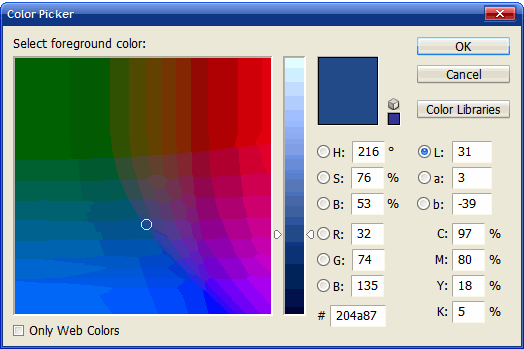 Herramienta de color de Photoshop para definir los colores según los modelos RGB, CMYK, Lab, HSB y RGB hexadecimal