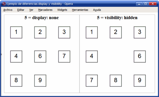 Diferencias visuales entre las propiedades display y visibility