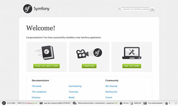 Página de bienvenida de Symfony2