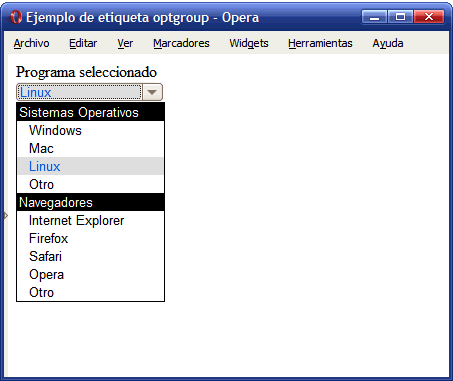 Ejemplo de uso de la etiqueta optgroup