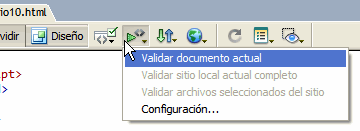 Icono que permite acceder a la herramienta de validación de Dreamweaver