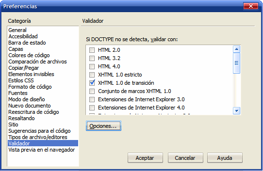 Configuración del validador de Dreamweaver