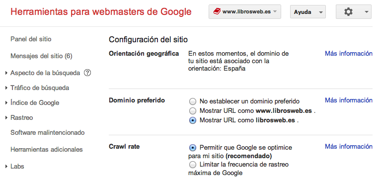 Configurando el dominio preferido en Google Webmaster Tools