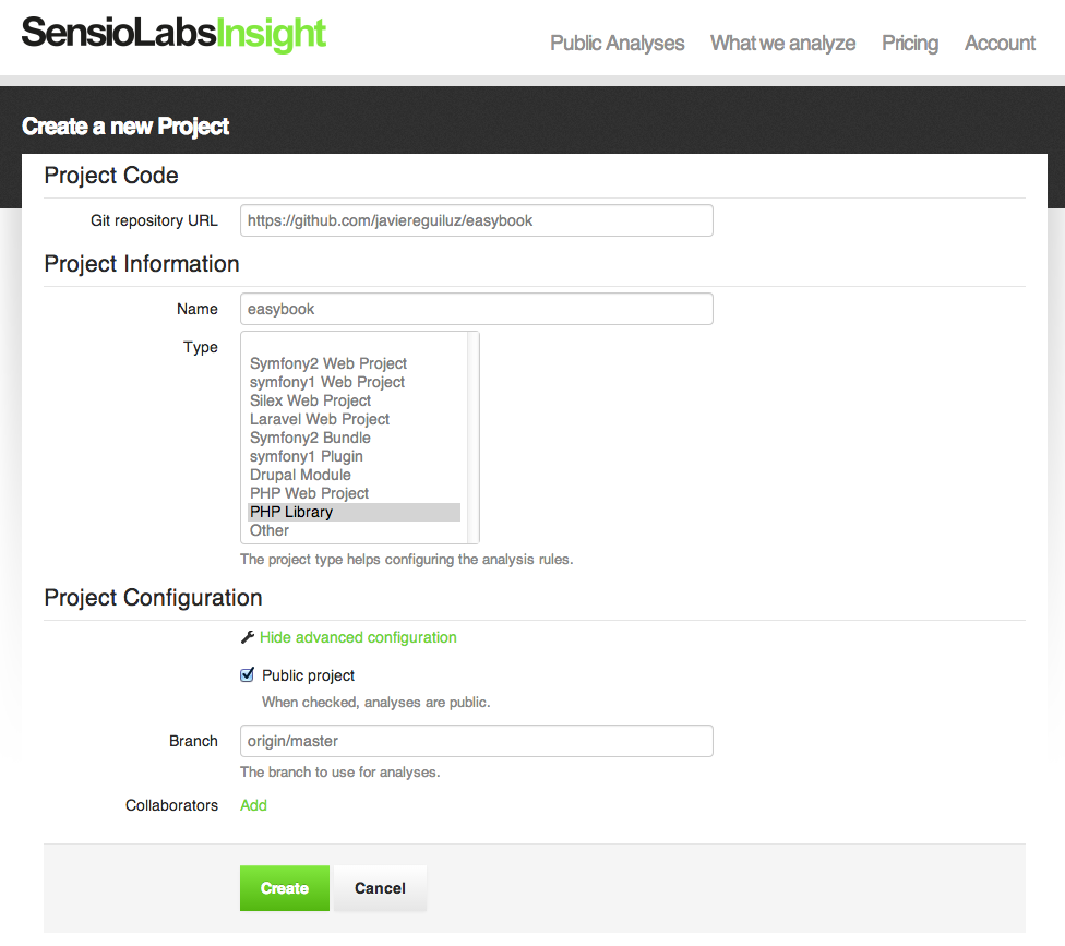 Configurando un proyecto para analizarlo con SensioLabs Insight