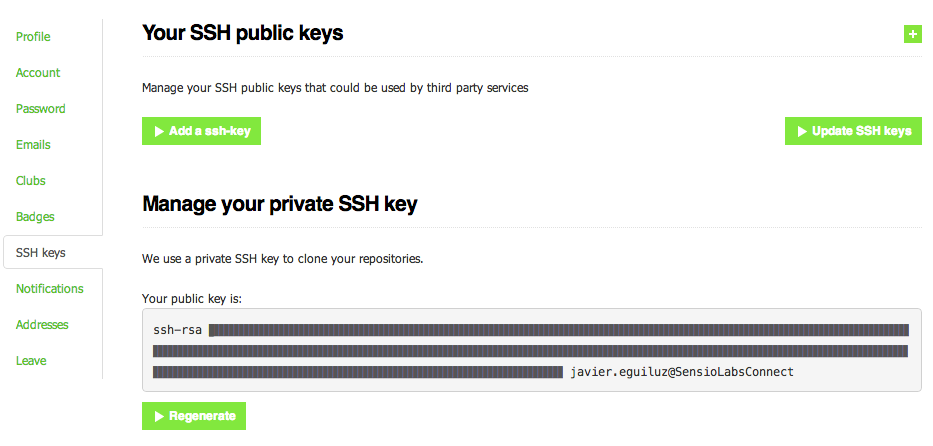 Generando una clave privada en SensioLabs Connect